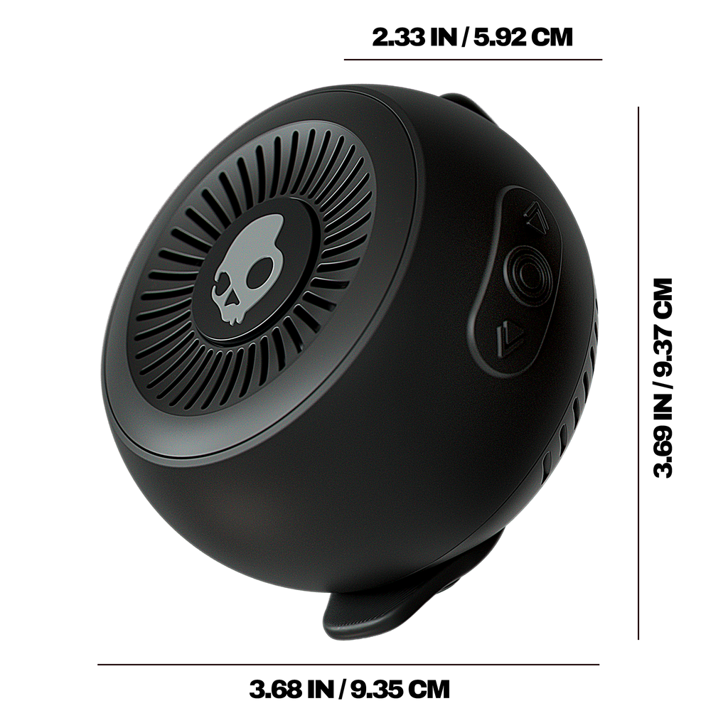 Black speaker with dimensions indicated on a white background | True Black