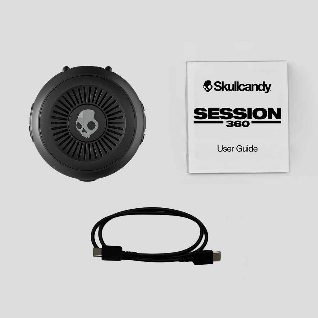 Skullcandy Session 360 headset with user guide on a light gray background | True Black