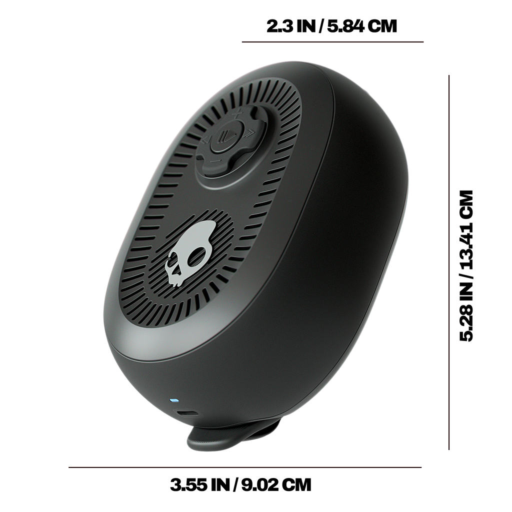 Black portable speaker with dimensions displayed on a white background | Cement