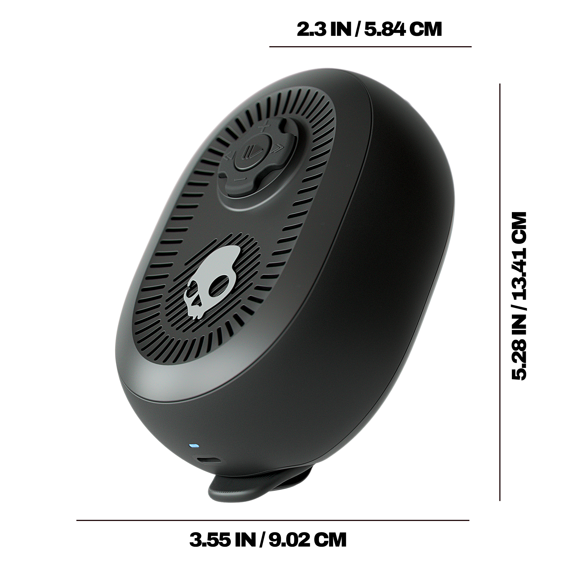 Black portable speaker with dimensions displayed on a white background | Cement