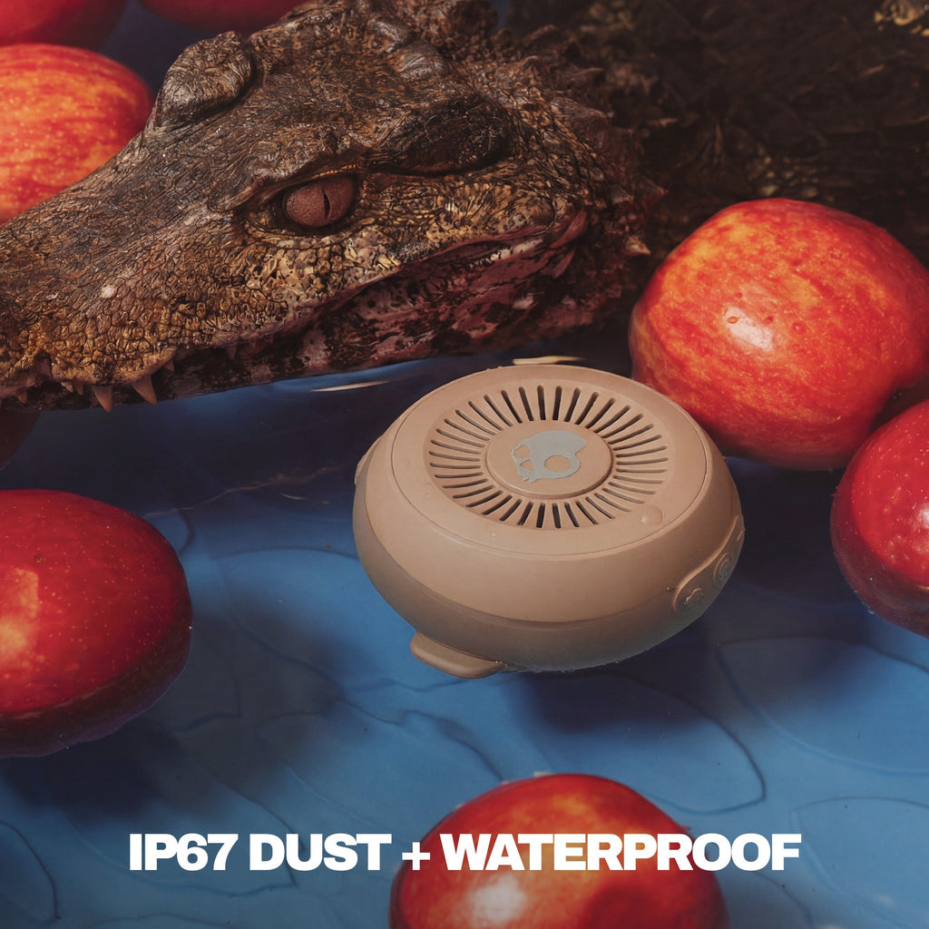 Small round speaker with crocodile and apples on a blue background, featuring 'IP67 Dust + Waterproof' text. | Primer