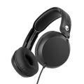 Black over-ear wired headphones with cushioned ear pads and a padded headband, shown at an angle on a solid black background. A small white skull logo is visible on the headband. |True Black