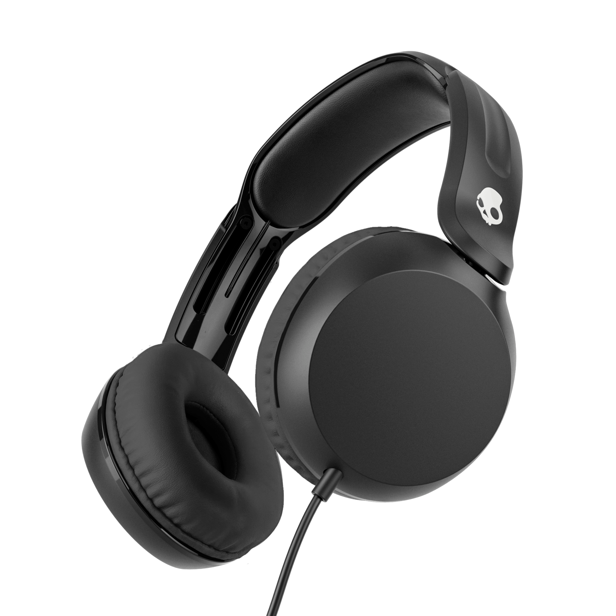 Black over-ear wired headphones with cushioned ear pads and a padded headband, shown at an angle on a solid black background. A small white skull logo is visible on the headband. |True Black