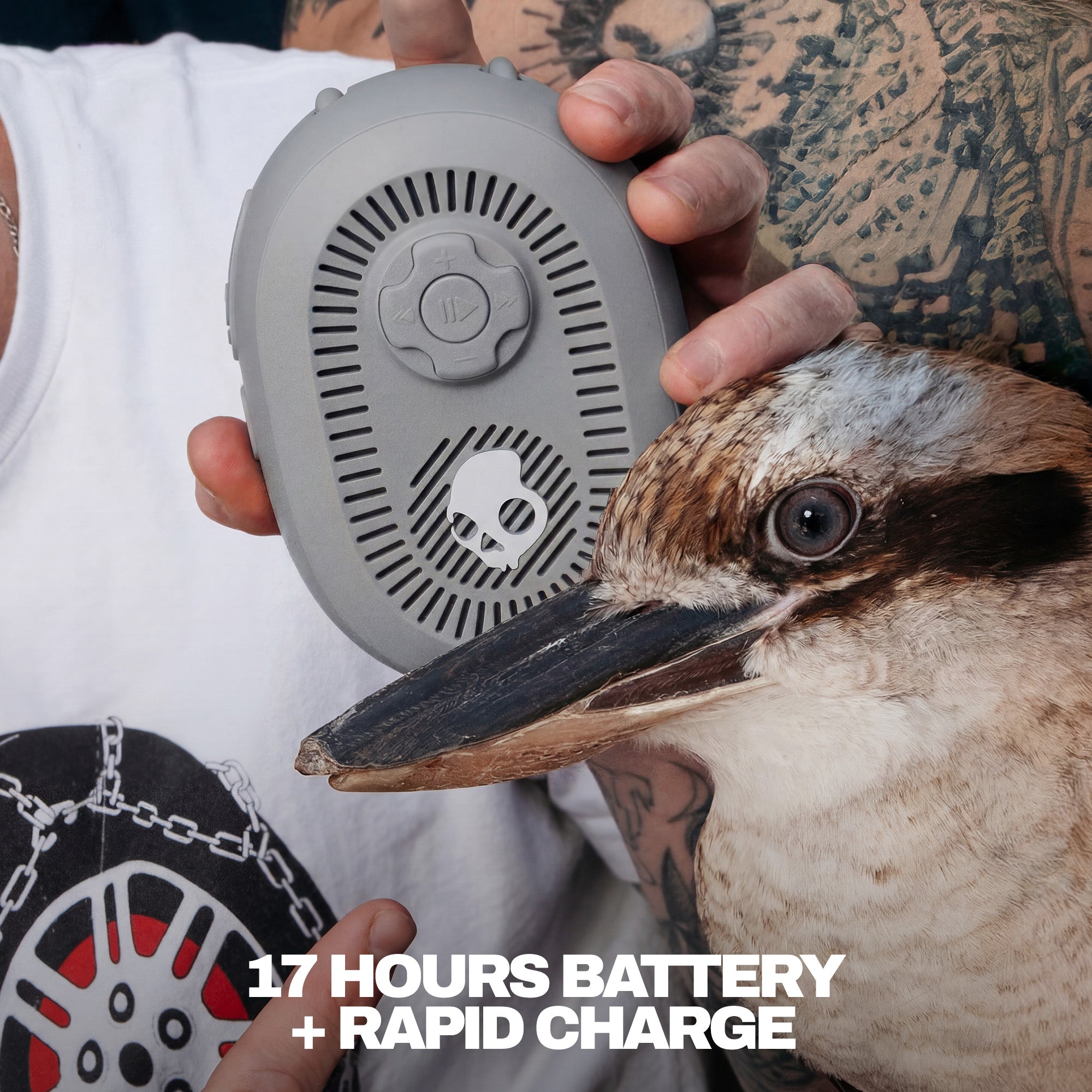 Person holding a gray speaker with a bird in front, text '17 Hours Battery + Rapid Charge' visible | Cement
