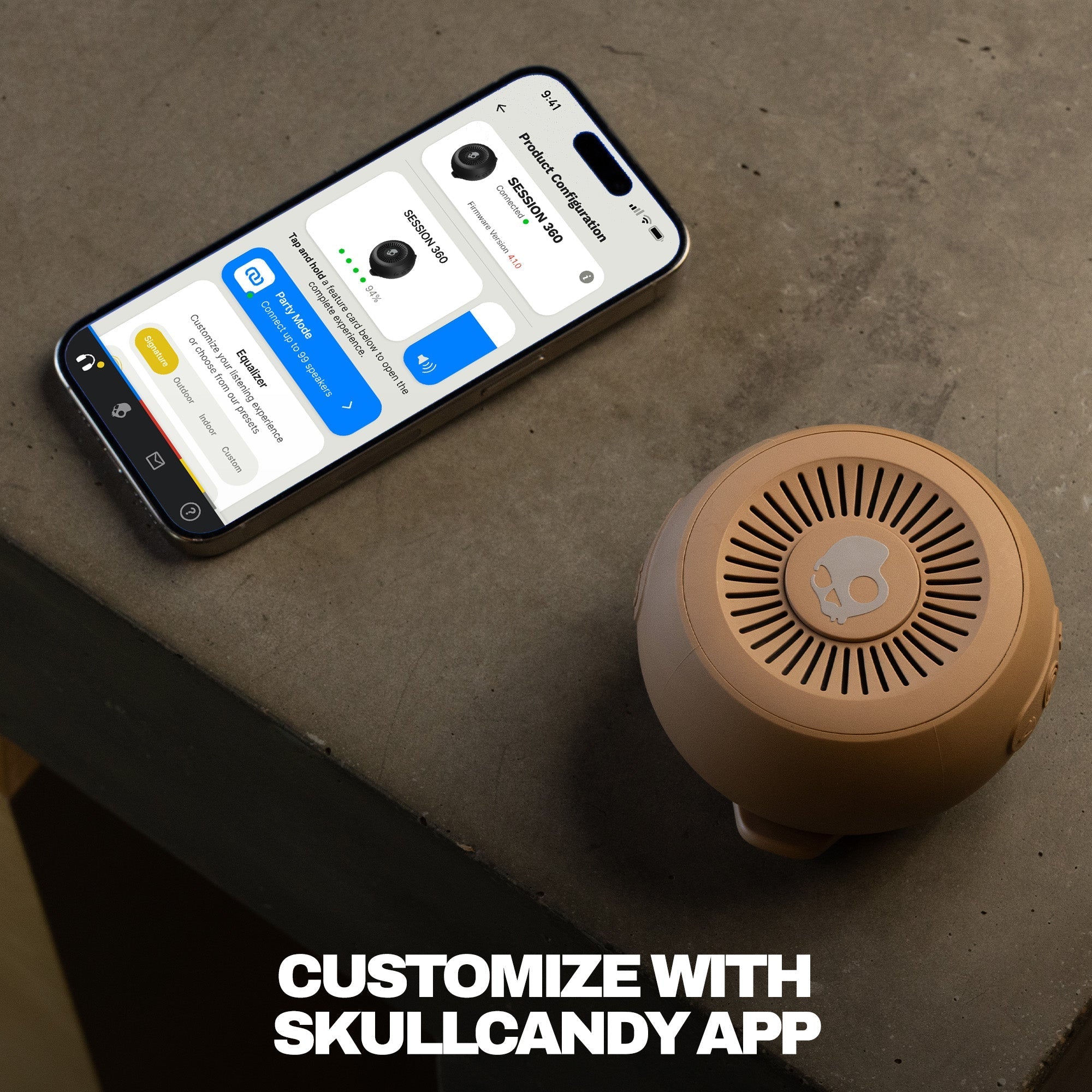 Smartphone displaying an app interface next to a brown Bluetooth speaker on a concrete surface. | Primer