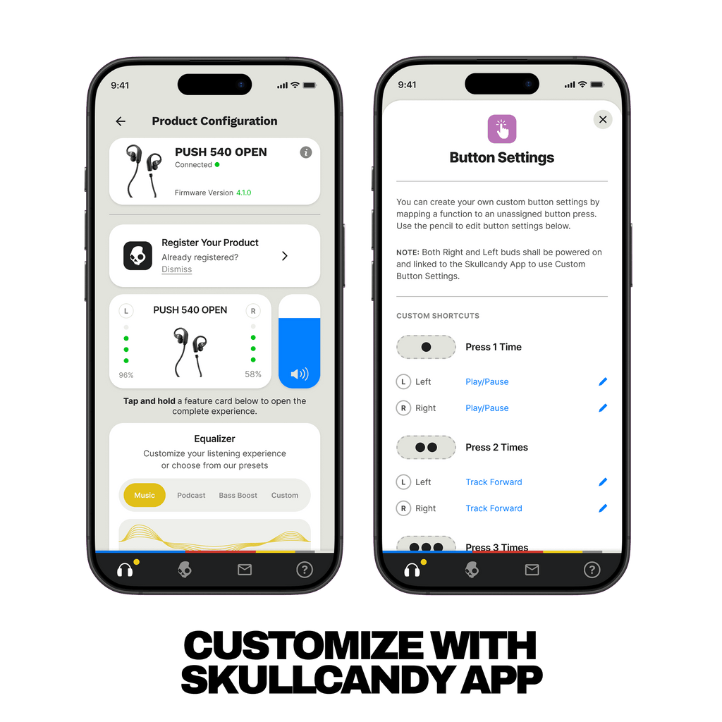 Skullcandy Push 540 Open wireless open-ear headphones with Skullcandy App support for custom button settings and personalized EQ control | Bone