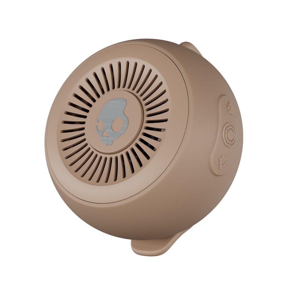 Beige Bluetooth speaker with a brand logo on a white background | Primer