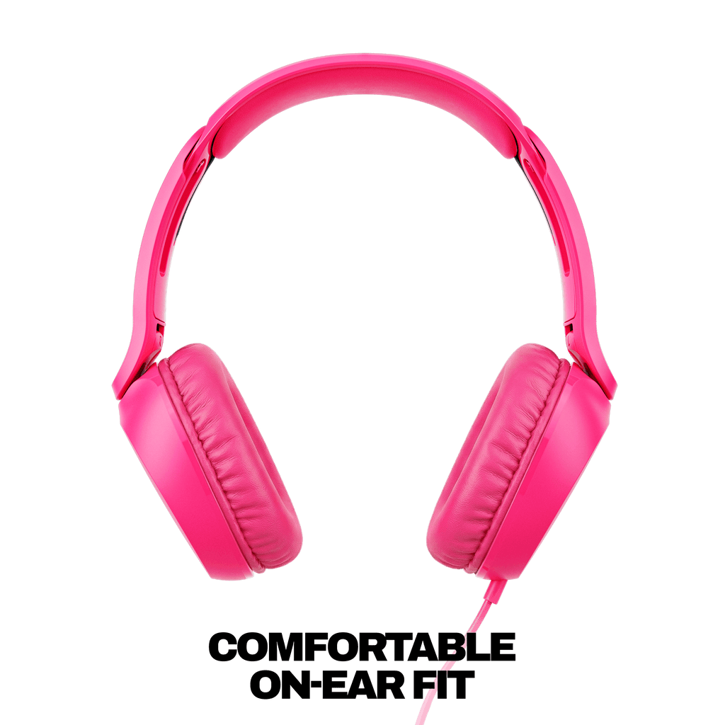 Bright pink on-ear wired headphones shown from the side against a solid black background. | Crazy Pink