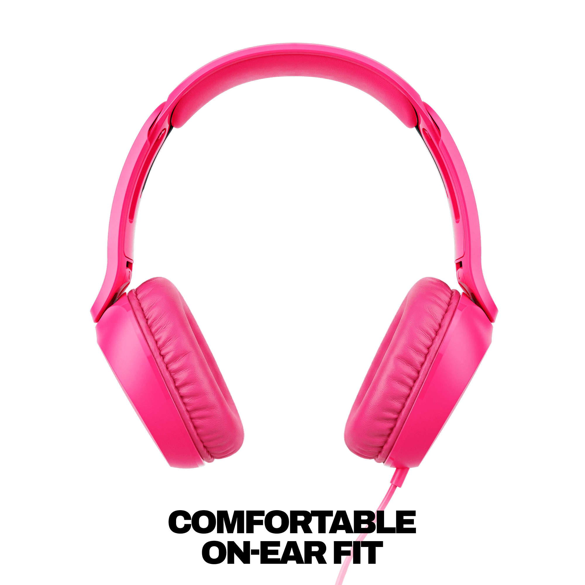 Bright pink on-ear wired headphones shown from the side against a solid black background. | Crazy Pink