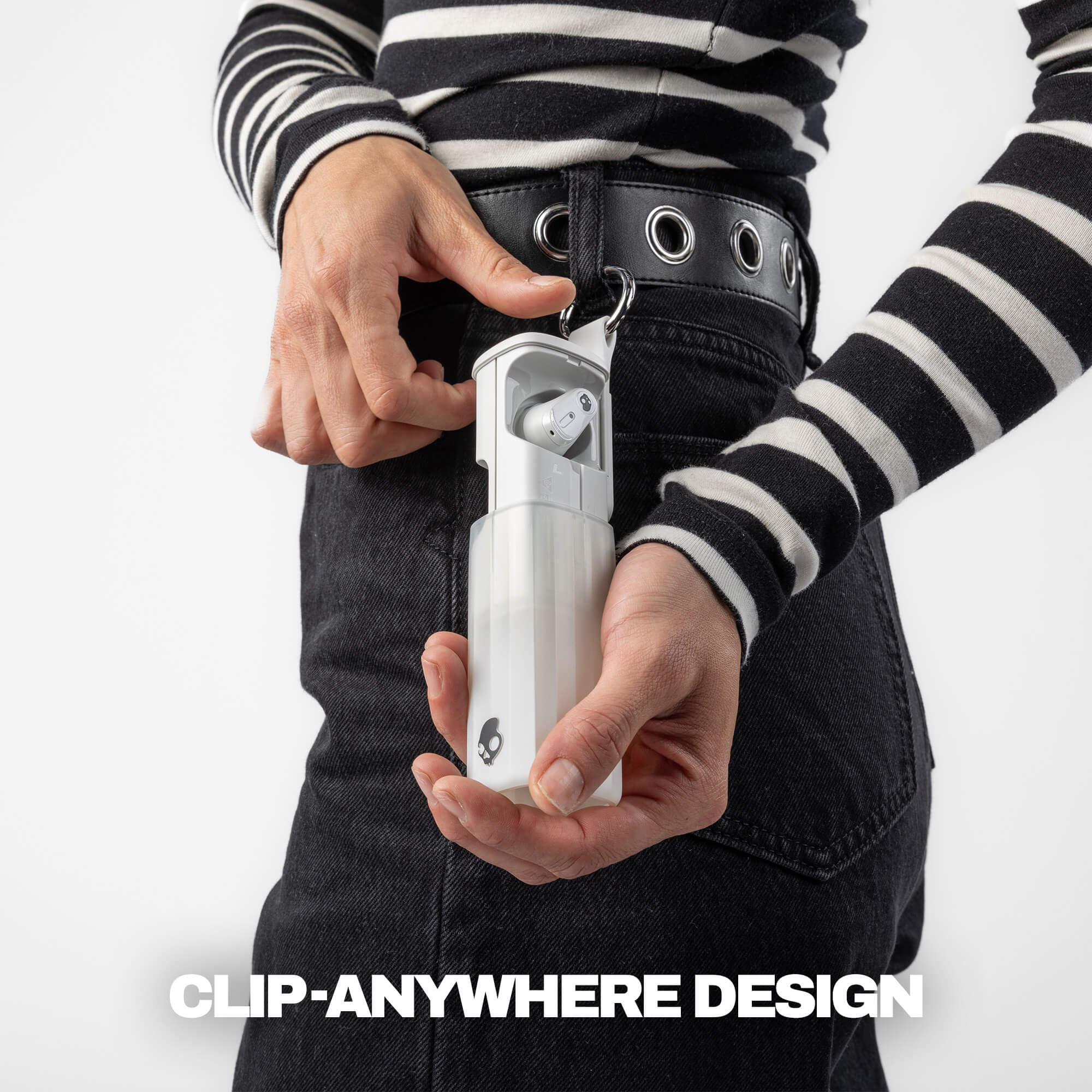 Skullcandy Method 360 ANC true wireless Noise Canceling Earbuds with Clip-Anywhere Design showing case on belt loop | Bone