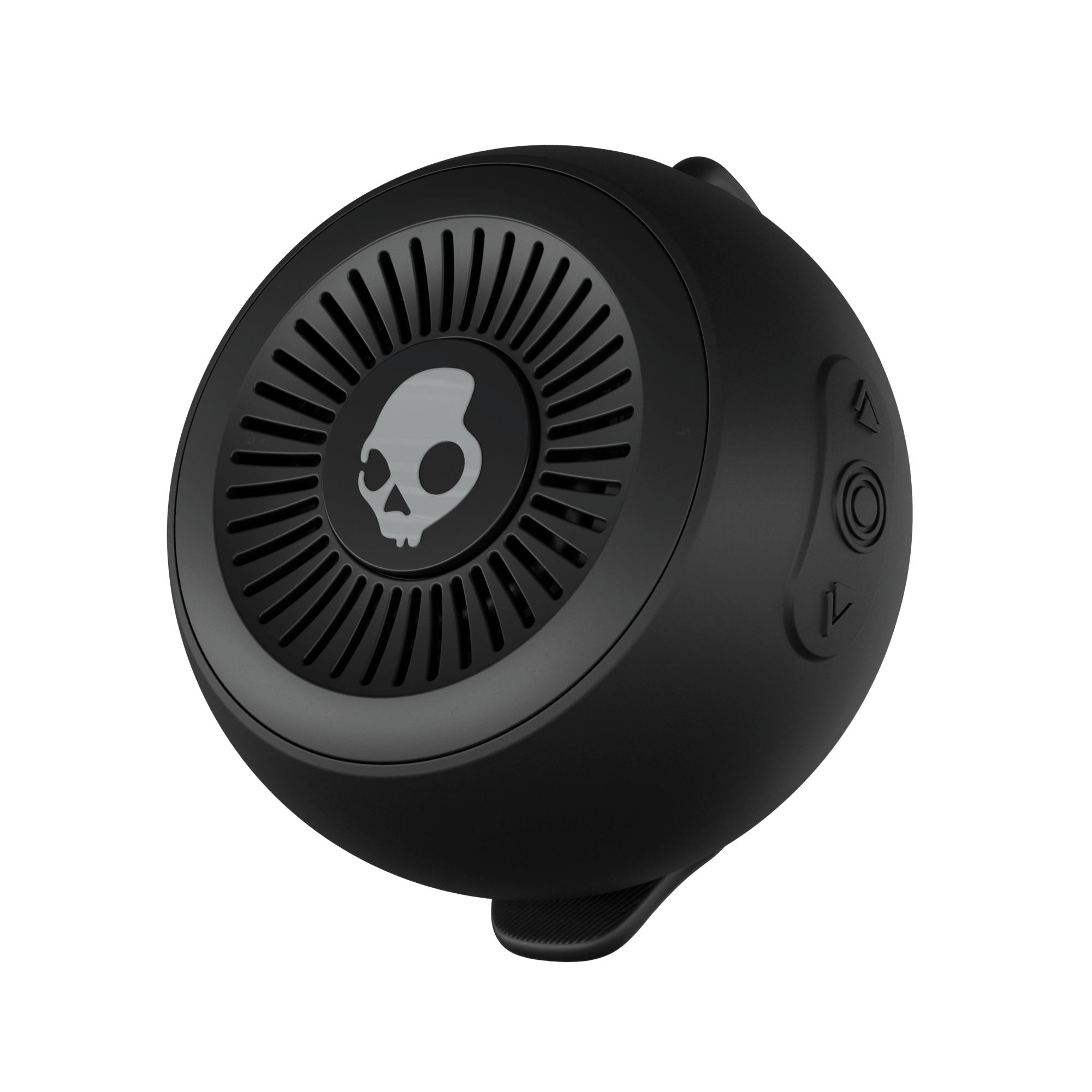 Black portable speaker with skull design on a black background | True Black