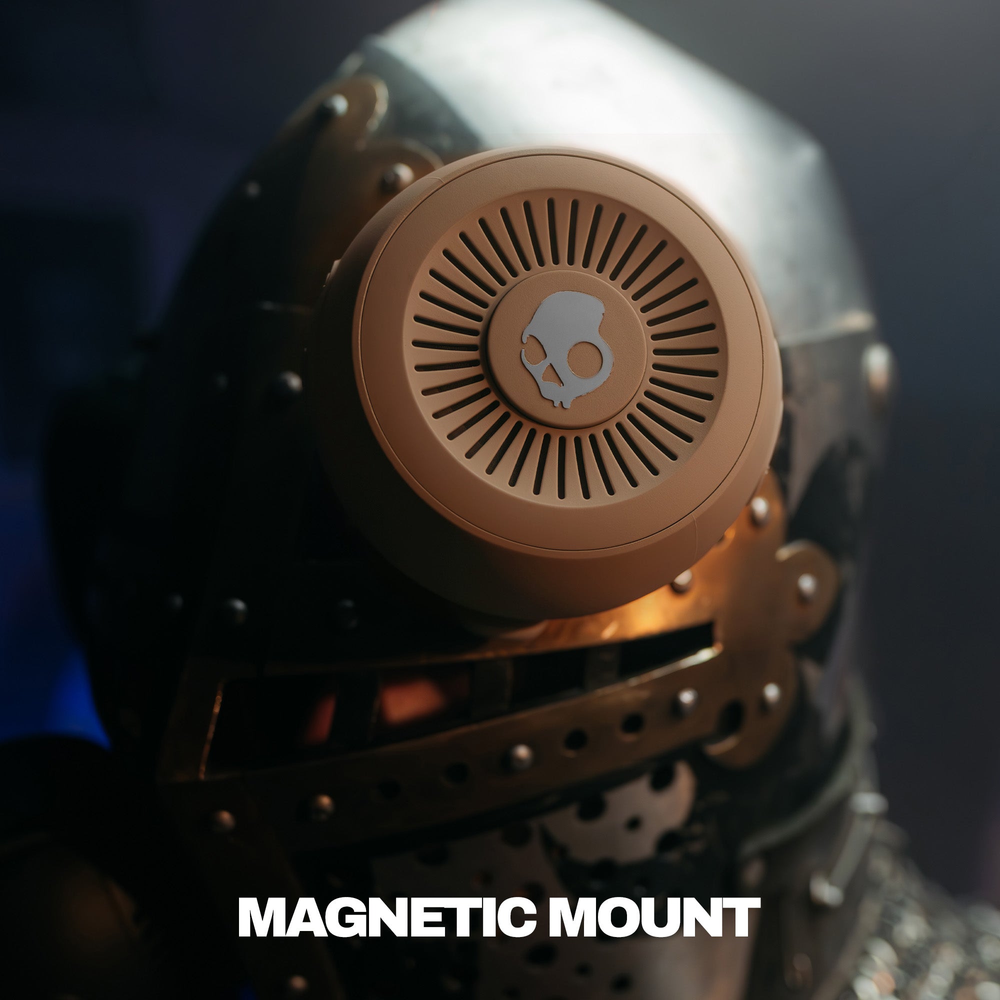 Close-up of a helmet with a magnetic mount feature on a dark background | Primer