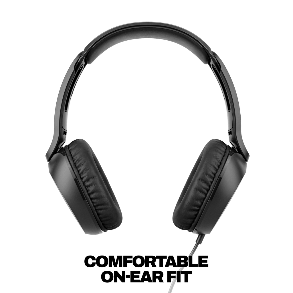 Black over-ear wired headphones shown from the side against a solid black background. | True Black