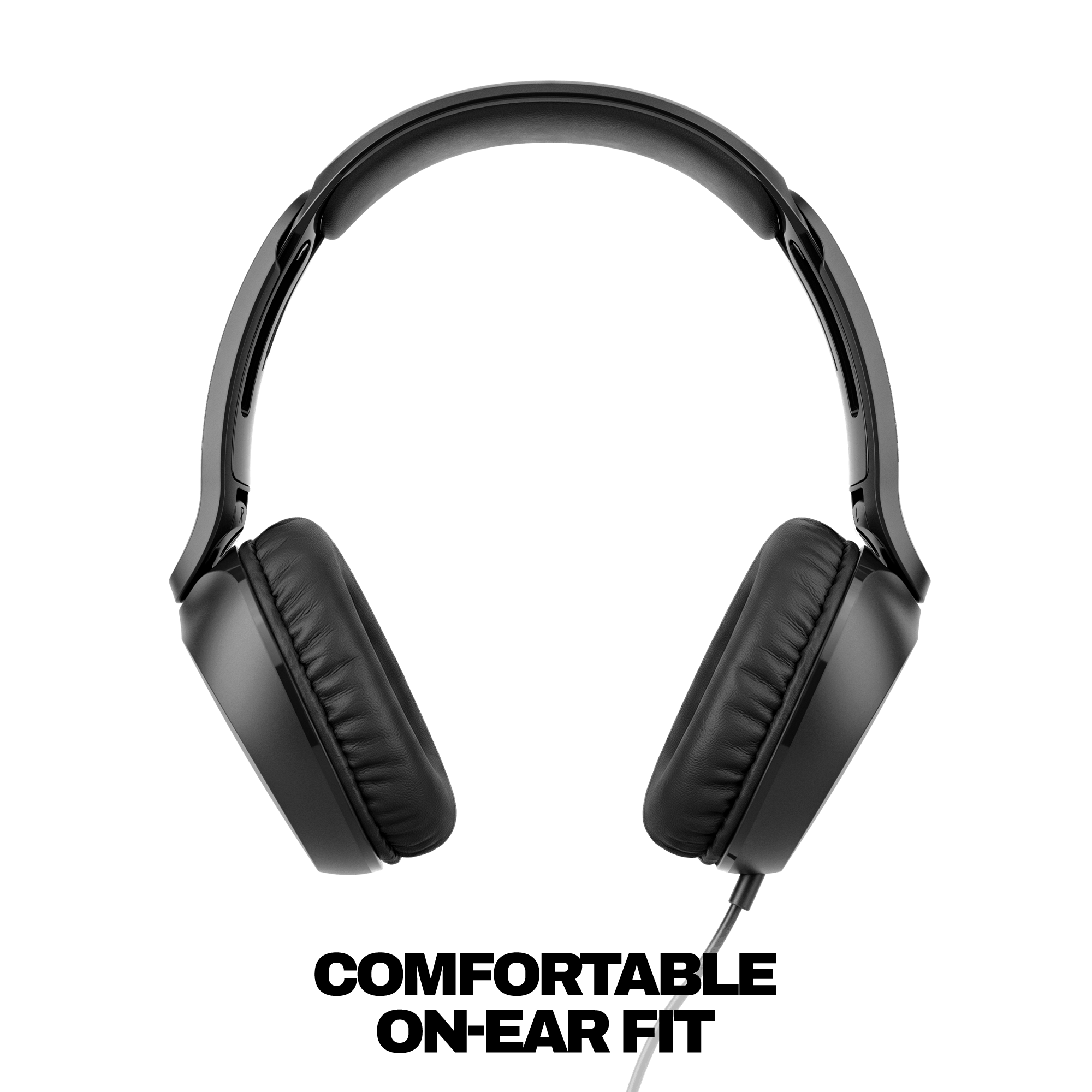 Black over-ear wired headphones shown from the side against a solid black background. | True Black