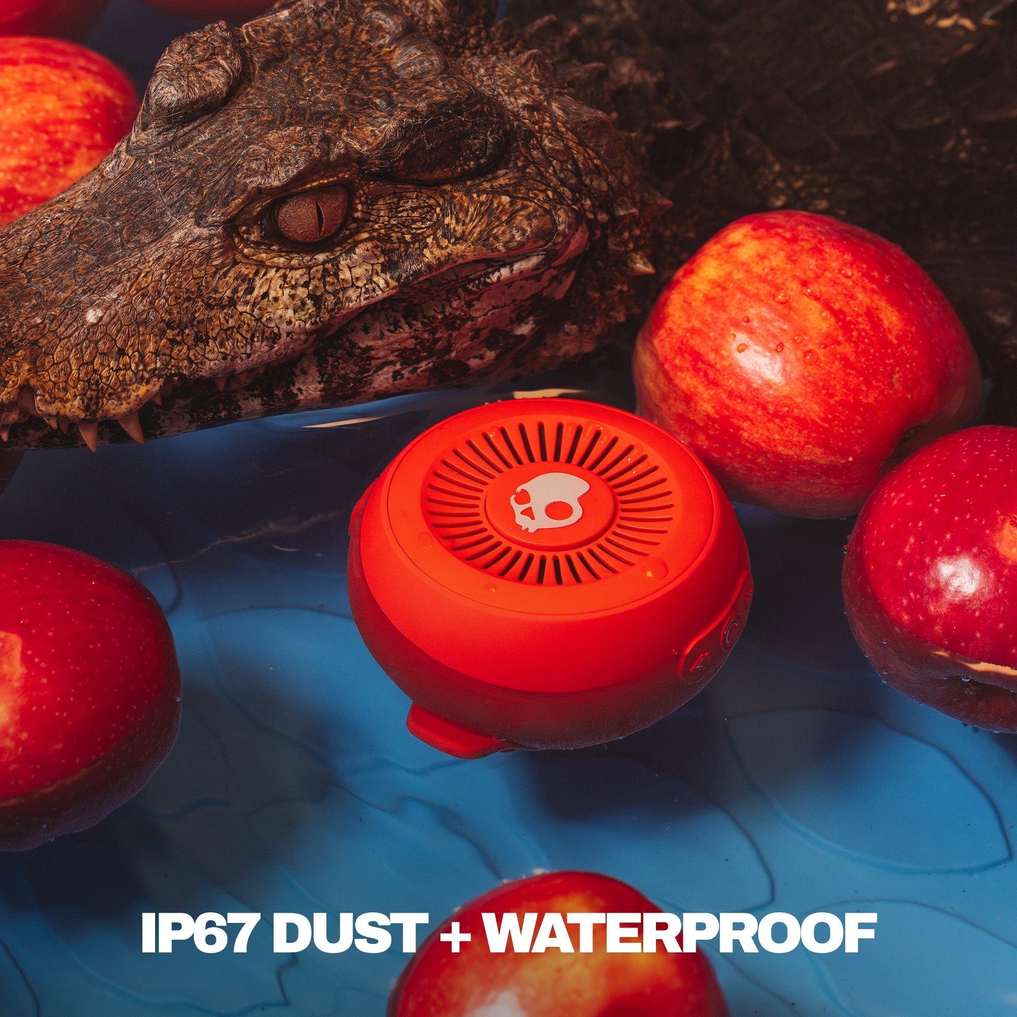 Red waterproof device with a crocodile and apples in the background, featuring IP67 dust and waterproof text. | Plasma