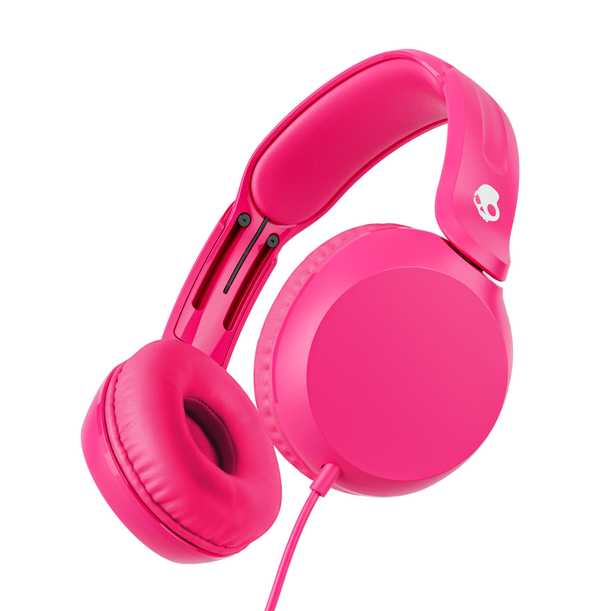 Bright pink over-ear wired headphones shown at an angle against a solid black background. A small white skull logo is visible on the headband. | Crazy Pink