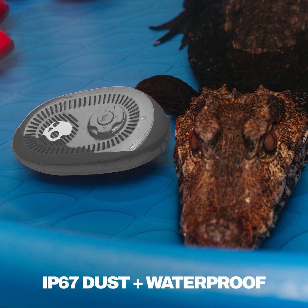 Gray speaker on a blue surface with an alligator in the background, featuring IP67 dust and waterproof text. | Cement