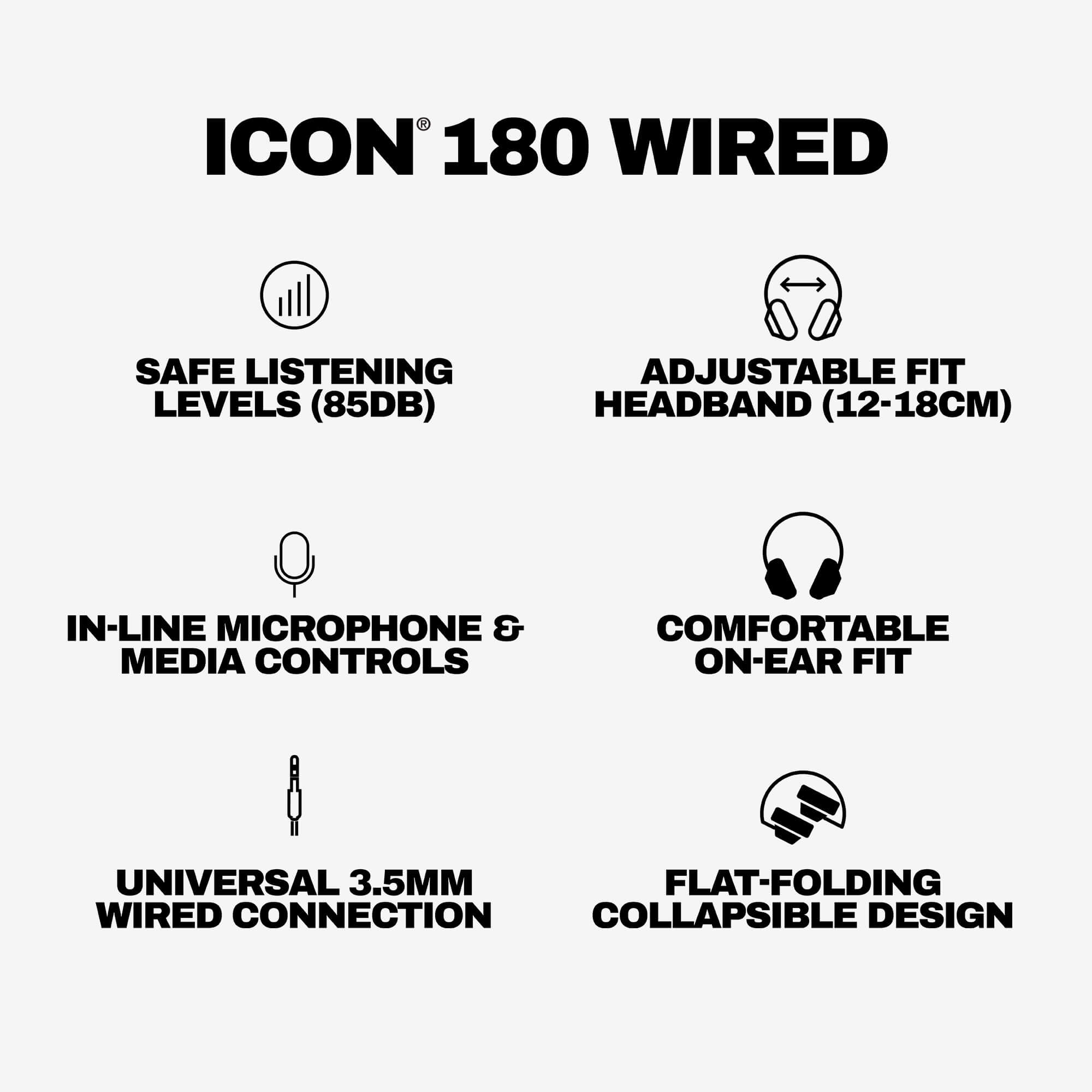Feature list graphic for the ICON 180 WIRED over-ear headphones on a light gray background, showing icons and text for safe listening levels, adjustable fit, in-line microphone and media controls, comfortable on-ear fit, universal 3.5mm wired connection, and flat-folding collapsible design. | True Black