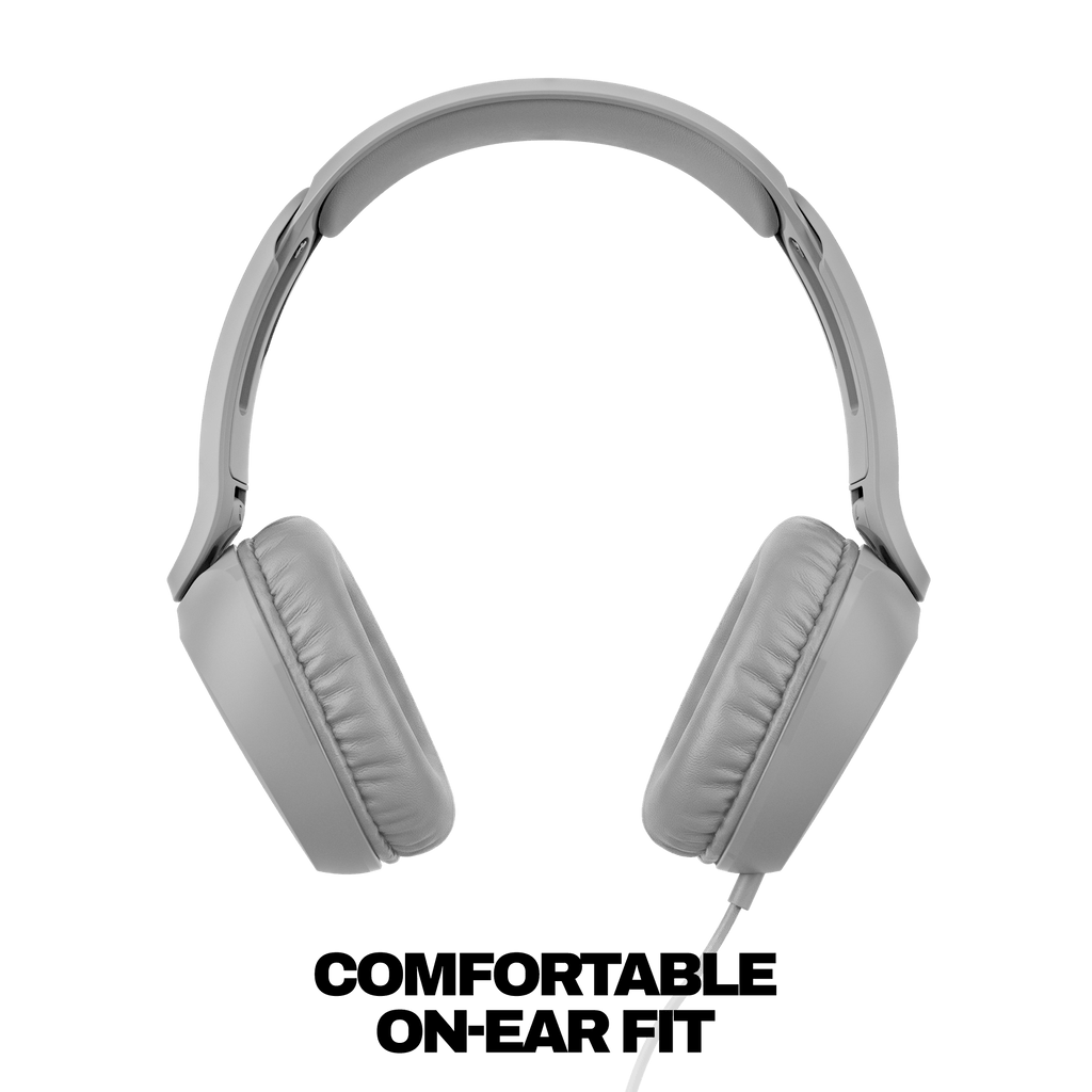 Light gray over-ear wired headphones shown from the side against a solid black background. | Cement
