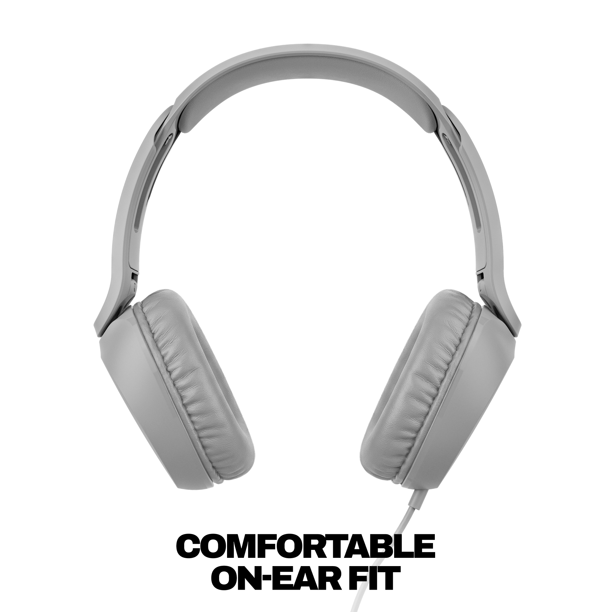 Light gray over-ear wired headphones shown from the side against a solid black background. | Cement